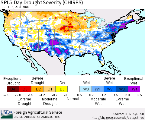 United States SPI 5-Day Drought Severity (CHIRPS) Thematic Map For 7/1/2021 - 7/5/2021