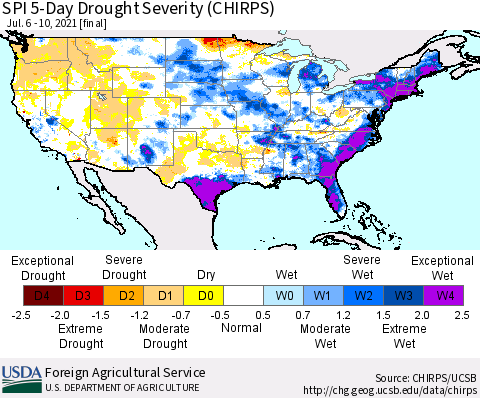 United States SPI 5-Day Drought Severity (CHIRPS) Thematic Map For 7/6/2021 - 7/10/2021