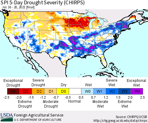United States SPI 5-Day Drought Severity (CHIRPS) Thematic Map For 7/16/2021 - 7/20/2021