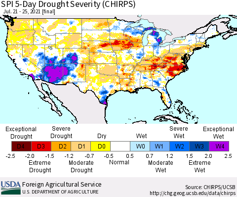 United States SPI 5-Day Drought Severity (CHIRPS) Thematic Map For 7/21/2021 - 7/25/2021