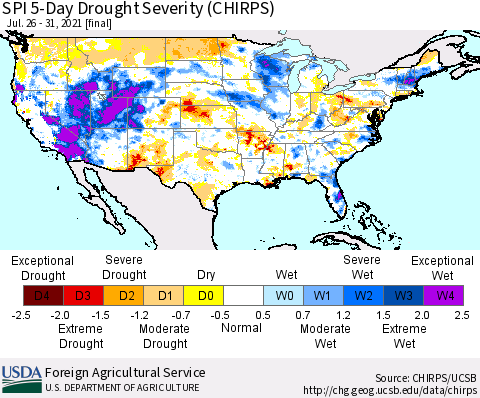 United States SPI 5-Day Drought Severity (CHIRPS) Thematic Map For 7/26/2021 - 7/31/2021