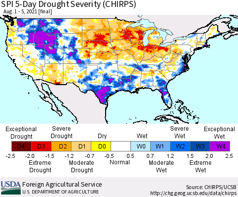 United States SPI 5-Day Drought Severity (CHIRPS) Thematic Map For 8/1/2021 - 8/5/2021