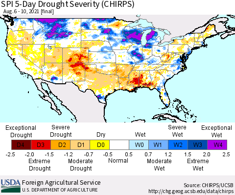 United States SPI 5-Day Drought Severity (CHIRPS) Thematic Map For 8/6/2021 - 8/10/2021