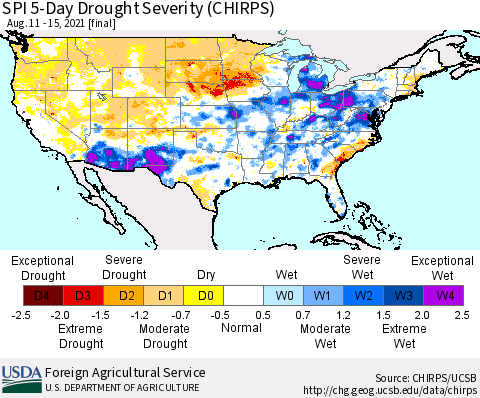 United States SPI 5-Day Drought Severity (CHIRPS) Thematic Map For 8/11/2021 - 8/15/2021