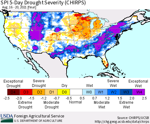 United States SPI 5-Day Drought Severity (CHIRPS) Thematic Map For 8/16/2021 - 8/20/2021