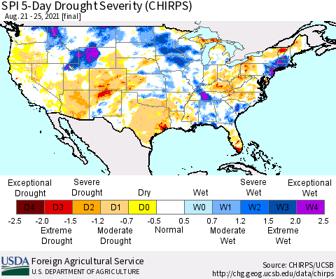United States SPI 5-Day Drought Severity (CHIRPS) Thematic Map For 8/21/2021 - 8/25/2021