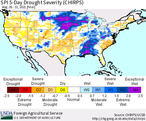 United States SPI 5-Day Drought Severity (CHIRPS) Thematic Map For 8/26/2021 - 8/31/2021