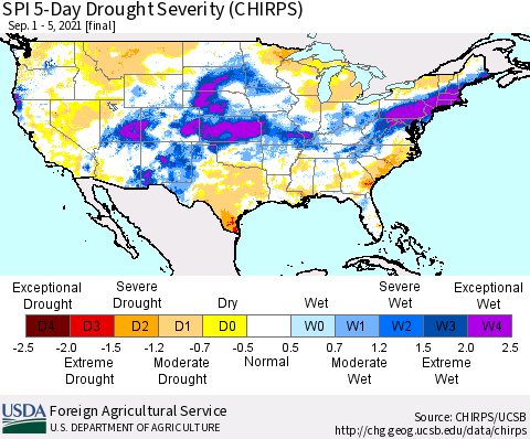 United States SPI 5-Day Drought Severity (CHIRPS) Thematic Map For 9/1/2021 - 9/5/2021