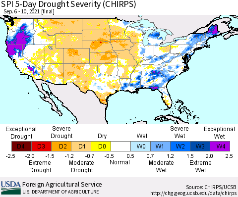 United States SPI 5-Day Drought Severity (CHIRPS) Thematic Map For 9/6/2021 - 9/10/2021