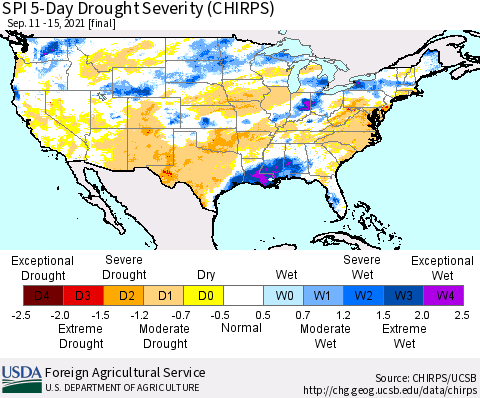 United States SPI 5-Day Drought Severity (CHIRPS) Thematic Map For 9/11/2021 - 9/15/2021