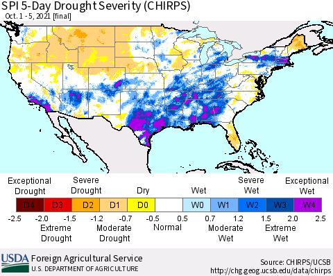 United States SPI 5-Day Drought Severity (CHIRPS) Thematic Map For 10/1/2021 - 10/5/2021