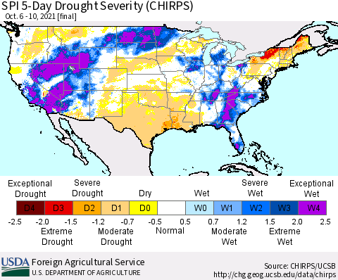 United States SPI 5-Day Drought Severity (CHIRPS) Thematic Map For 10/6/2021 - 10/10/2021