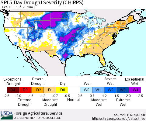 United States SPI 5-Day Drought Severity (CHIRPS) Thematic Map For 10/11/2021 - 10/15/2021