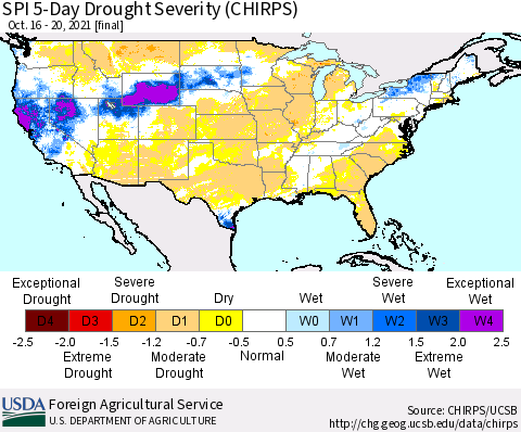 United States SPI 5-Day Drought Severity (CHIRPS) Thematic Map For 10/16/2021 - 10/20/2021