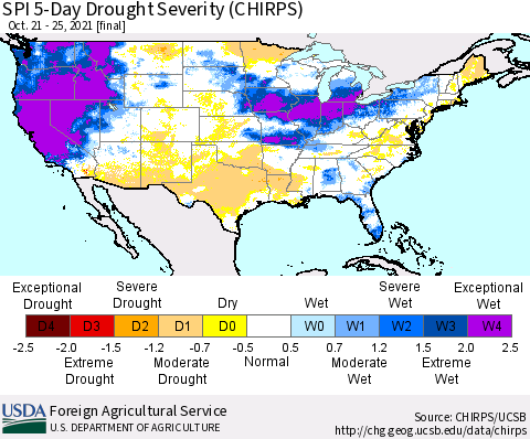 United States SPI 5-Day Drought Severity (CHIRPS) Thematic Map For 10/21/2021 - 10/25/2021