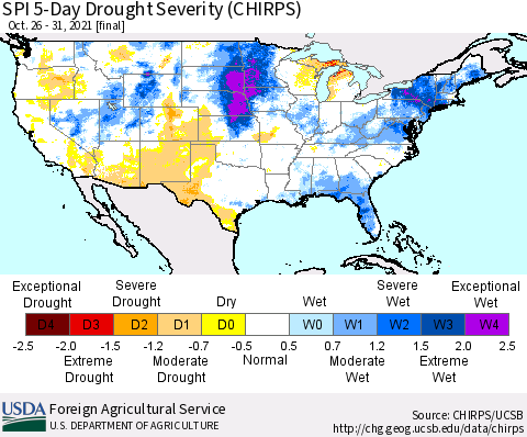 United States SPI 5-Day Drought Severity (CHIRPS) Thematic Map For 10/26/2021 - 10/31/2021