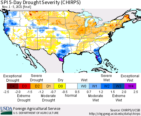 United States SPI 5-Day Drought Severity (CHIRPS) Thematic Map For 11/1/2021 - 11/5/2021