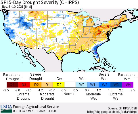 United States SPI 5-Day Drought Severity (CHIRPS) Thematic Map For 11/6/2021 - 11/10/2021