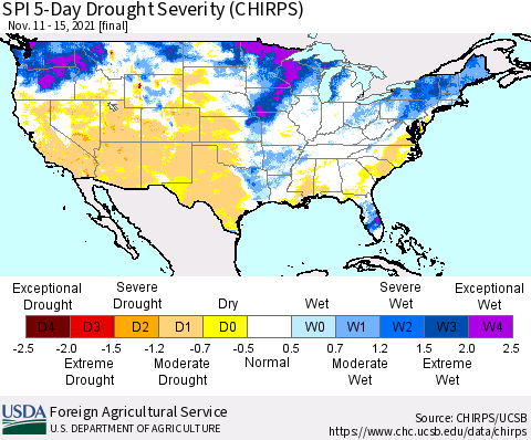 United States SPI 5-Day Drought Severity (CHIRPS) Thematic Map For 11/11/2021 - 11/15/2021