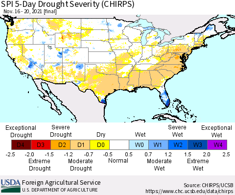 United States SPI 5-Day Drought Severity (CHIRPS) Thematic Map For 11/16/2021 - 11/20/2021