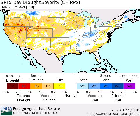United States SPI 5-Day Drought Severity (CHIRPS) Thematic Map For 11/21/2021 - 11/25/2021