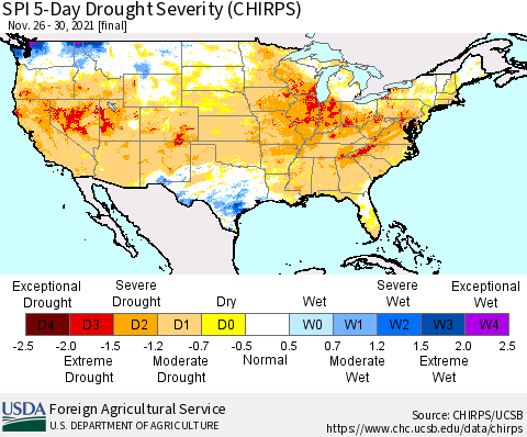 United States SPI 5-Day Drought Severity (CHIRPS) Thematic Map For 11/26/2021 - 11/30/2021