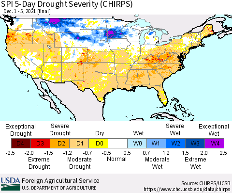 United States SPI 5-Day Drought Severity (CHIRPS) Thematic Map For 12/1/2021 - 12/5/2021