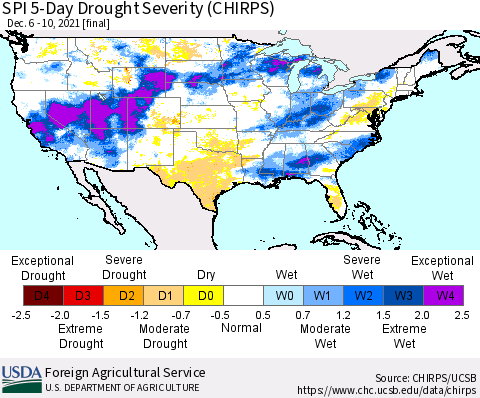 United States SPI 5-Day Drought Severity (CHIRPS) Thematic Map For 12/6/2021 - 12/10/2021