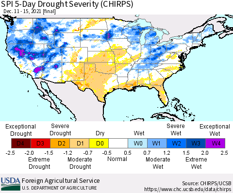United States SPI 5-Day Drought Severity (CHIRPS) Thematic Map For 12/11/2021 - 12/15/2021