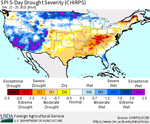 United States SPI 5-Day Drought Severity (CHIRPS) Thematic Map For 12/21/2021 - 12/25/2021