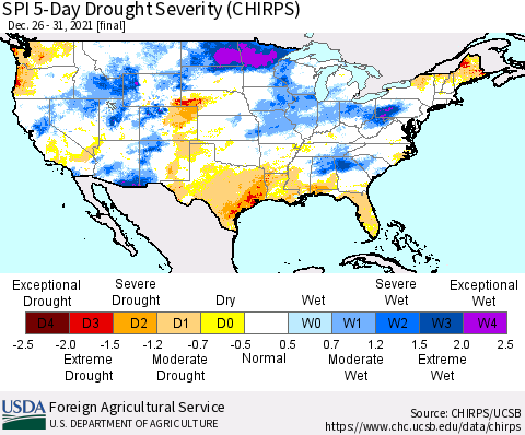 United States SPI 5-Day Drought Severity (CHIRPS) Thematic Map For 12/26/2021 - 12/31/2021