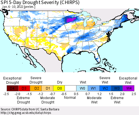 United States SPI 5-Day Drought Severity (CHIRPS) Thematic Map For 1/6/2022 - 1/10/2022