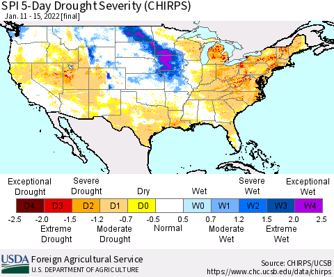 United States SPI 5-Day Drought Severity (CHIRPS) Thematic Map For 1/11/2022 - 1/15/2022