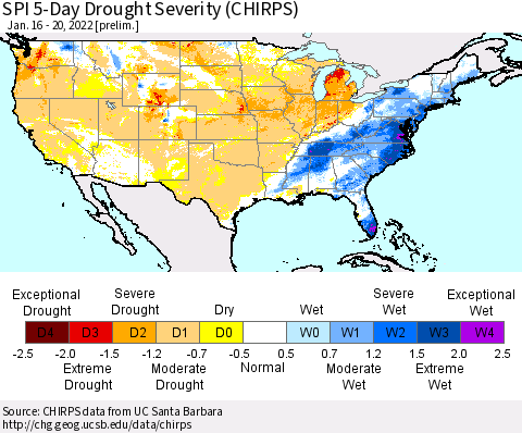 United States SPI 5-Day Drought Severity (CHIRPS) Thematic Map For 1/16/2022 - 1/20/2022