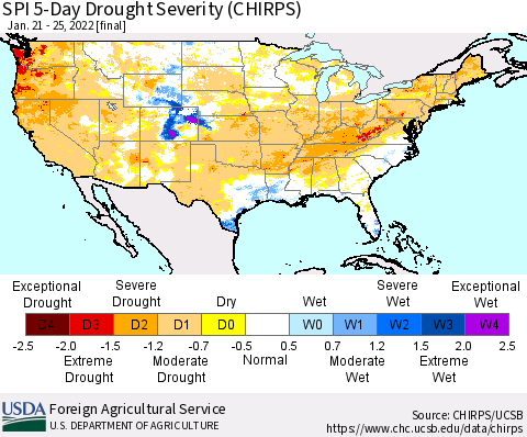United States SPI 5-Day Drought Severity (CHIRPS) Thematic Map For 1/21/2022 - 1/25/2022