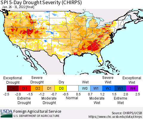 United States SPI 5-Day Drought Severity (CHIRPS) Thematic Map For 1/26/2022 - 1/31/2022
