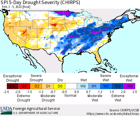 United States SPI 5-Day Drought Severity (CHIRPS) Thematic Map For 2/1/2022 - 2/5/2022