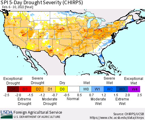 United States SPI 5-Day Drought Severity (CHIRPS) Thematic Map For 2/6/2022 - 2/10/2022