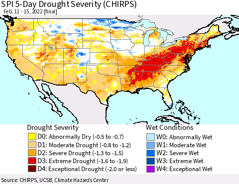 United States SPI 5-Day Drought Severity (CHIRPS) Thematic Map For 2/11/2022 - 2/15/2022