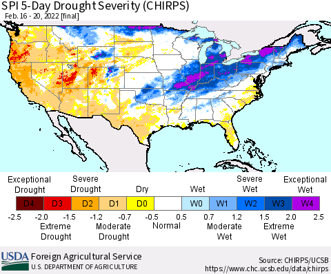 United States SPI 5-Day Drought Severity (CHIRPS) Thematic Map For 2/16/2022 - 2/20/2022