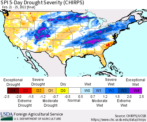 United States SPI 5-Day Drought Severity (CHIRPS) Thematic Map For 2/21/2022 - 2/25/2022