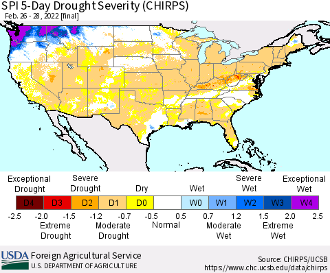 United States SPI 5-Day Drought Severity (CHIRPS) Thematic Map For 2/26/2022 - 2/28/2022
