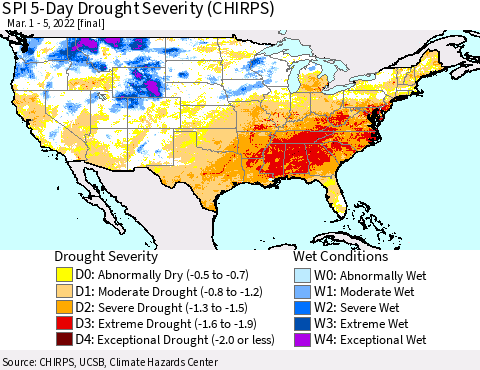 United States SPI 5-Day Drought Severity (CHIRPS) Thematic Map For 3/1/2022 - 3/5/2022