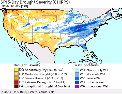 United States SPI 5-Day Drought Severity (CHIRPS) Thematic Map For 3/6/2022 - 3/10/2022