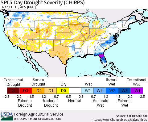 United States SPI 5-Day Drought Severity (CHIRPS) Thematic Map For 3/11/2022 - 3/15/2022