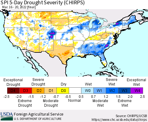 United States SPI 5-Day Drought Severity (CHIRPS) Thematic Map For 3/16/2022 - 3/20/2022