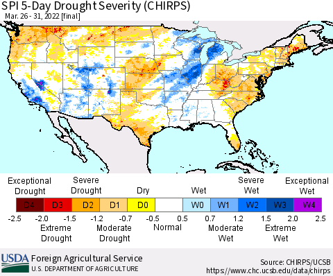 United States SPI 5-Day Drought Severity (CHIRPS) Thematic Map For 3/26/2022 - 3/31/2022