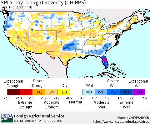 United States SPI 5-Day Drought Severity (CHIRPS) Thematic Map For 4/1/2022 - 4/5/2022