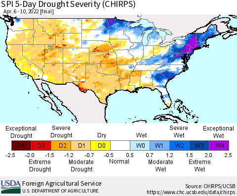 United States SPI 5-Day Drought Severity (CHIRPS) Thematic Map For 4/6/2022 - 4/10/2022