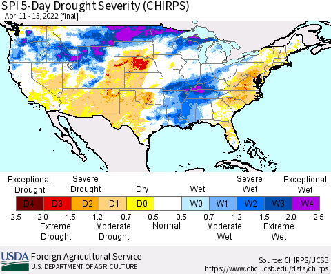 United States SPI 5-Day Drought Severity (CHIRPS) Thematic Map For 4/11/2022 - 4/15/2022